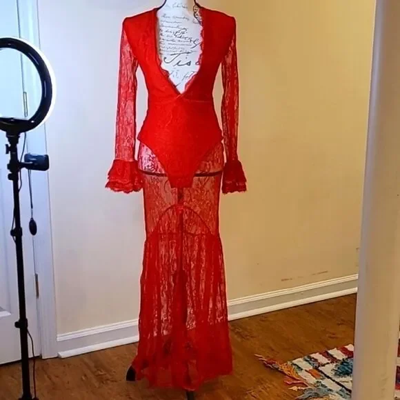 red lace bodysuit dress Red Lace Jumpsuit, Scoop Neck, Full Sleeves